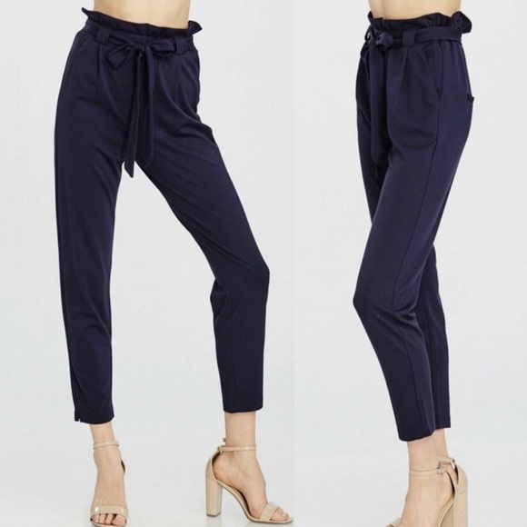 RESET BY Janet Forest Green paper-bag High waist Slim Tie Pants - Picture 1 of 9